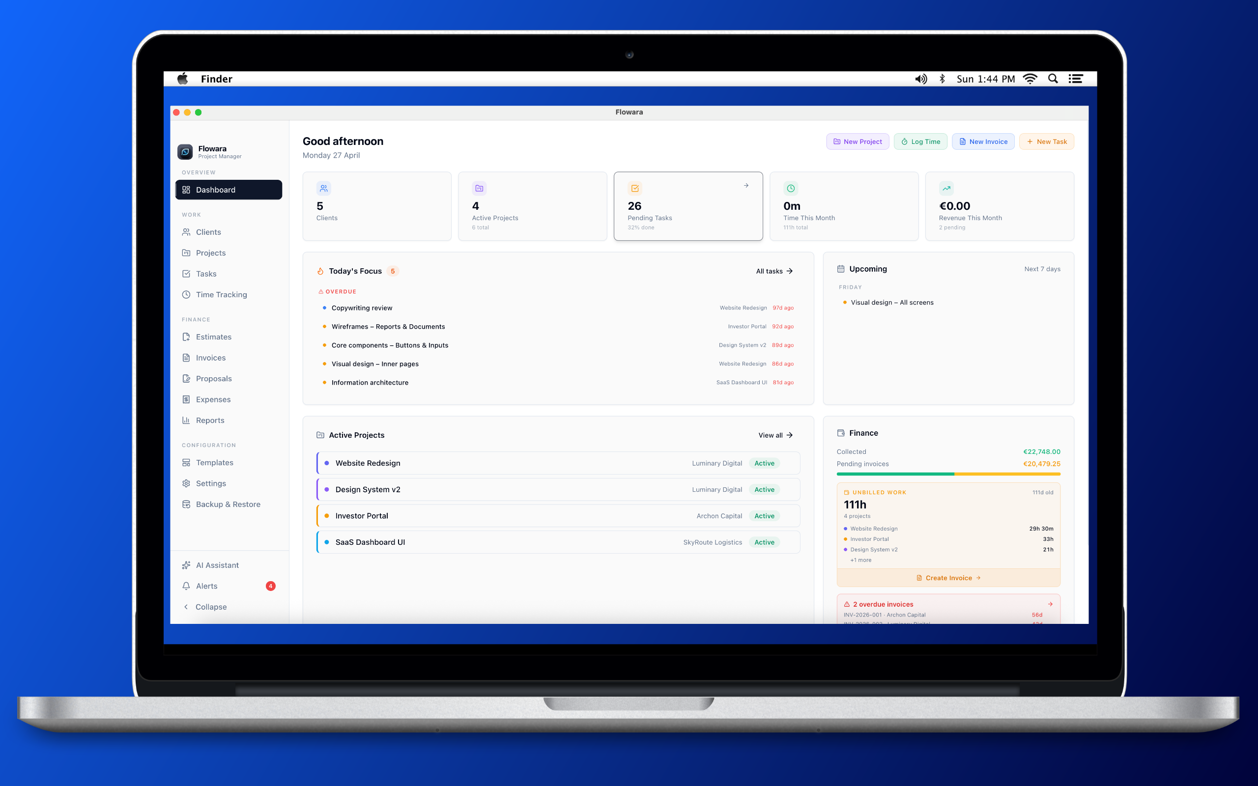 Flowara Dashboard — projects, time tracking and revenue at a glance