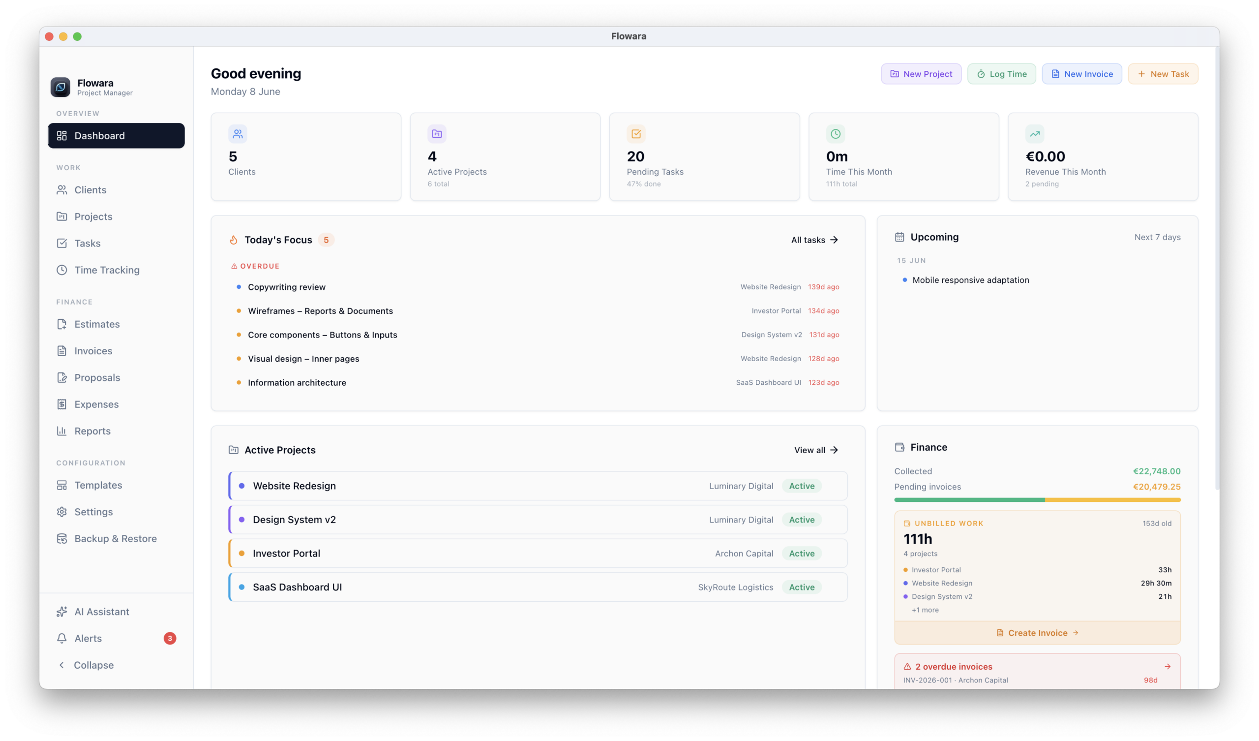 Flowara Dashboard — projects, time tracking and revenue at a glance
