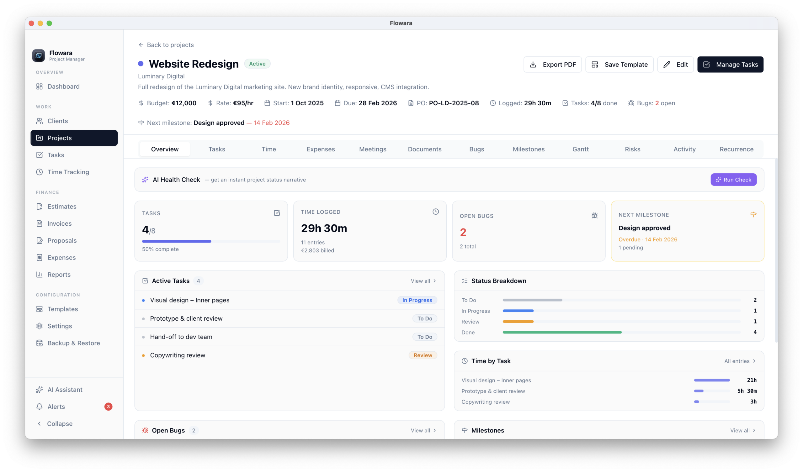 Flowara project hub — 12 tabs including tasks, time, billing, Gantt, bugs, risks and meeting notes